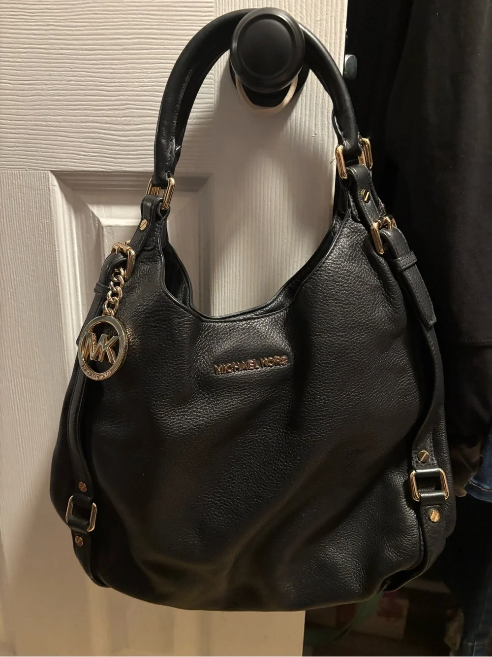 Michael Kors Black Leather Shoulder Hobo with Gold Accent MK Charm